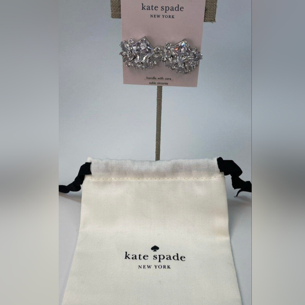 Kate Spade Designer Silver Tone Clear CZ Cluster Stud Earrings & Dust Bag